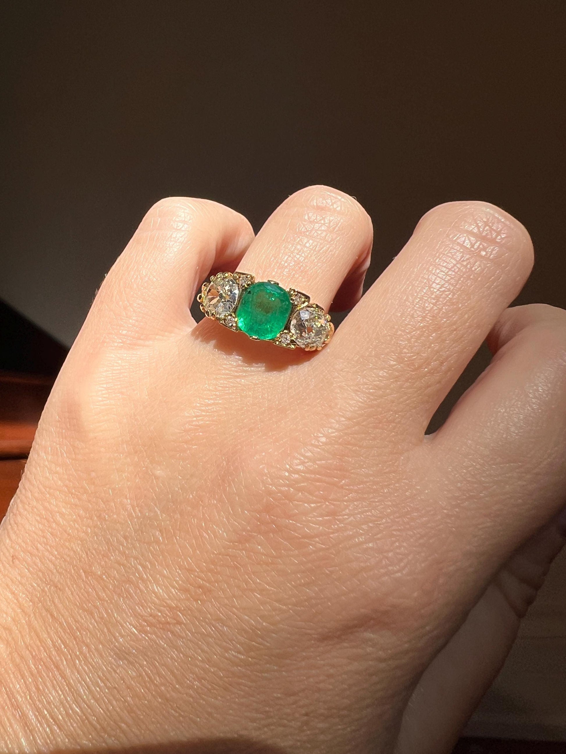 Antique 1.5 Carat Natural EMERALD & 1.9 Carat Tdw Eye Clean Old Mine Cut DIAMOND Three Stone Ring 18k Gold Big Chunky Stacker Art Deco OMC