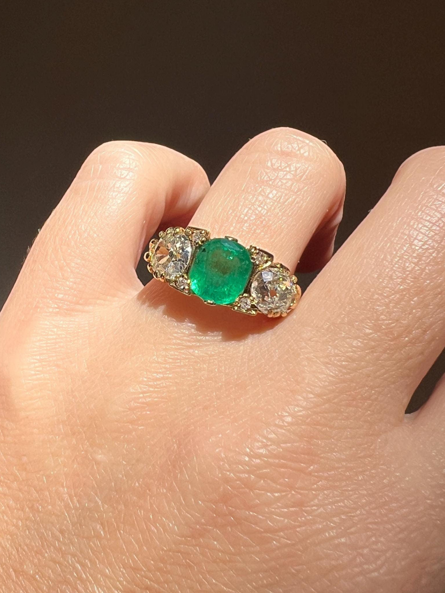 Antique 1.5 Carat Natural EMERALD & 1.9 Carat Tdw Eye Clean Old Mine Cut DIAMOND Three Stone Ring 18k Gold