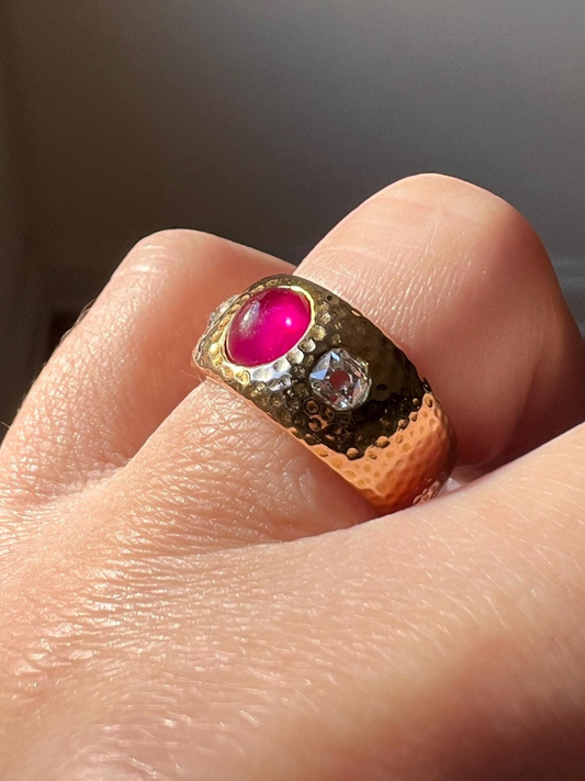 HAMMERED 18k Gold Three Stone Gypsy Ring French Antique Glowing Pink Ruby .5 Carat Old Mine Cut DIAMOND Wide Band