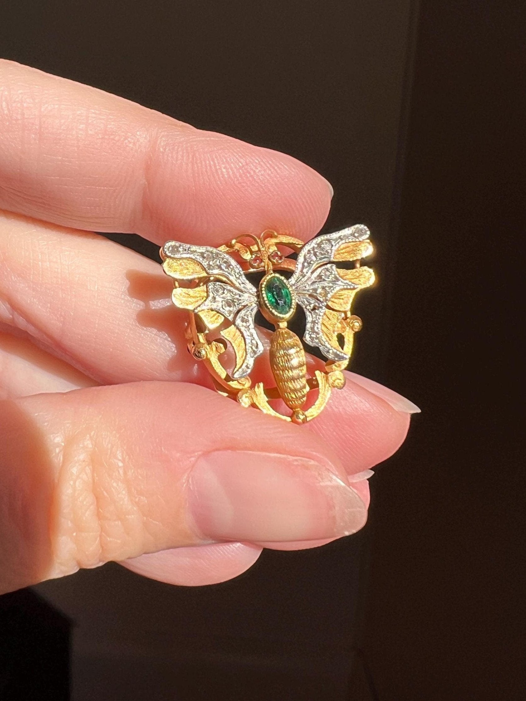 BUTTERFLY FRENCH Antique 18k Gold FIGURAL Slide Pendant Bracelet Charm Clip Victorian Belle Epoque Green Paste Emerald Pink Ruby Eyes