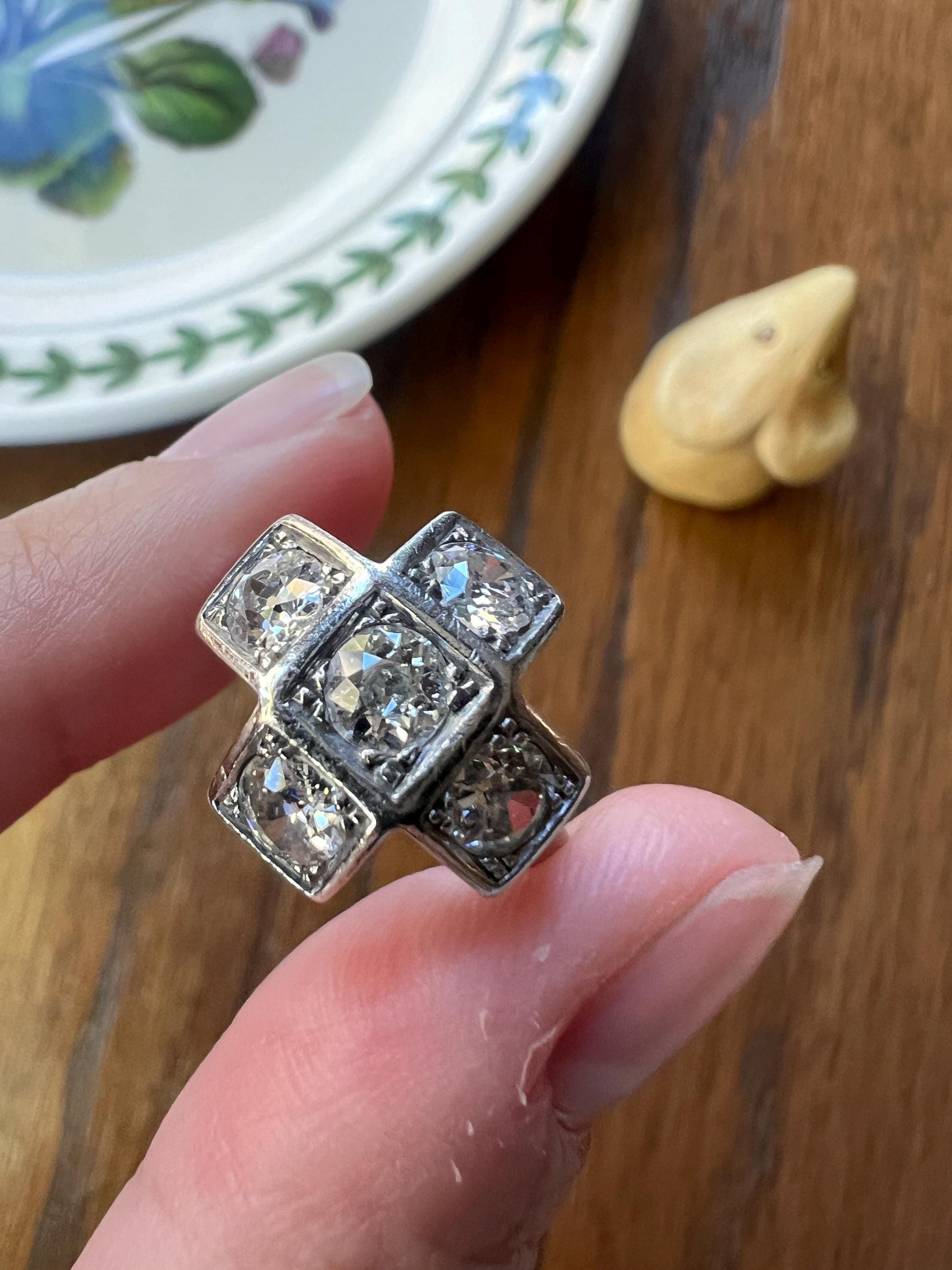 CRUCIFORM 1.6 Carat Old Mine Cut DIAMOND Ring French Antique EDWARDIAN Era Platinum Five Stone Geometric Romantic Gift Tall Stacker OmC