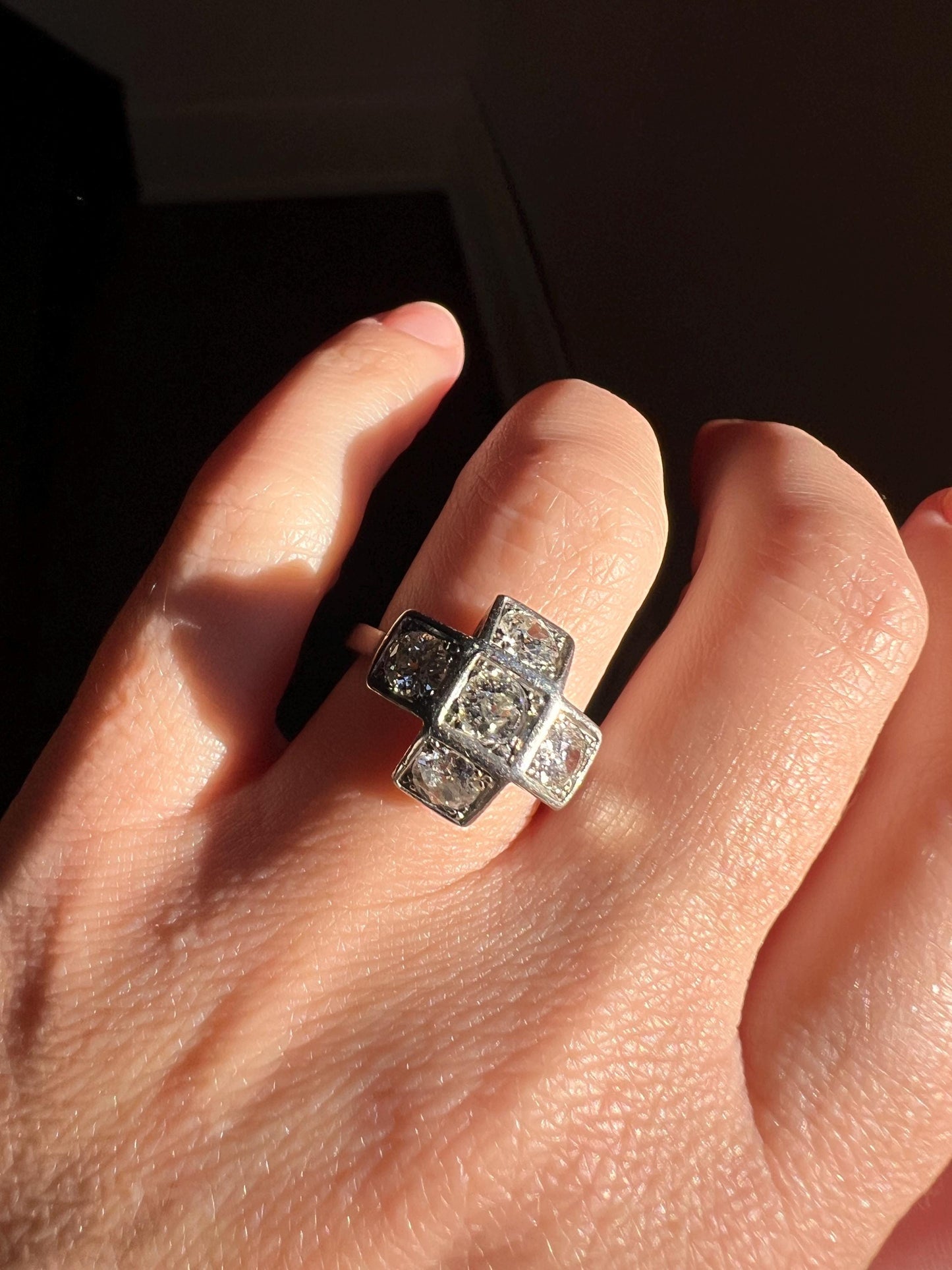 CRUCIFORM 1.6 Carat Old Mine Cut DIAMOND Ring French Antique EDWARDIAN Era Platinum Five Stone Geometric Romantic Gift Tall Stacker OmC