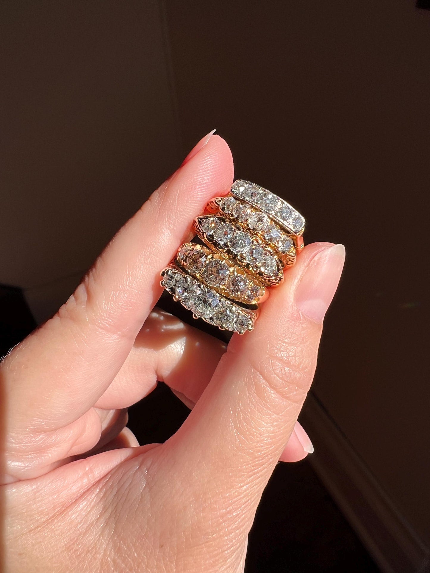 Antique 0.6 Carat Old Mine Cut DIAMOND 5 Five Stone Band Ring 15k Gold Scrolled Victorian Romantic Gift Row Stacker Wedding OMC .6Ctw Love