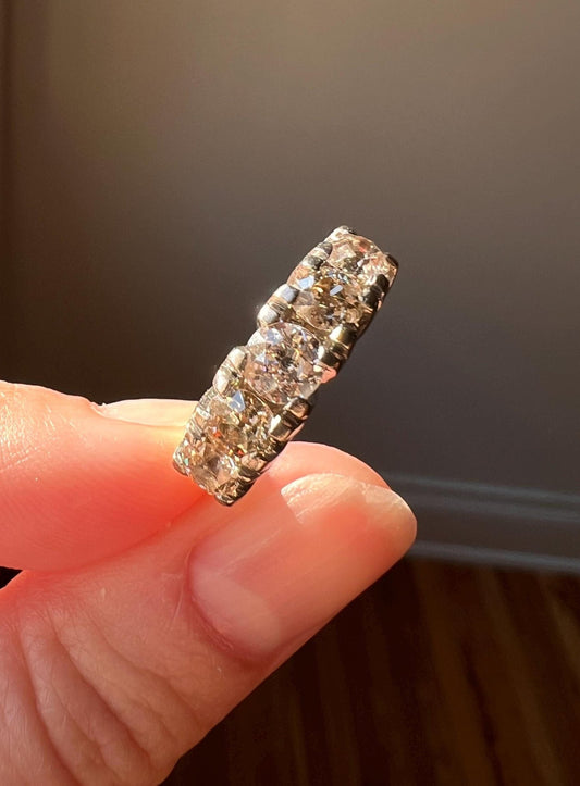 Antique 1.4 Carat Warm Champagne Old Mine Cut DIAMOND 5 Five Stone Band Ring 14k White Gold Linear Art Deco Romantic Gift Stacker Wedding