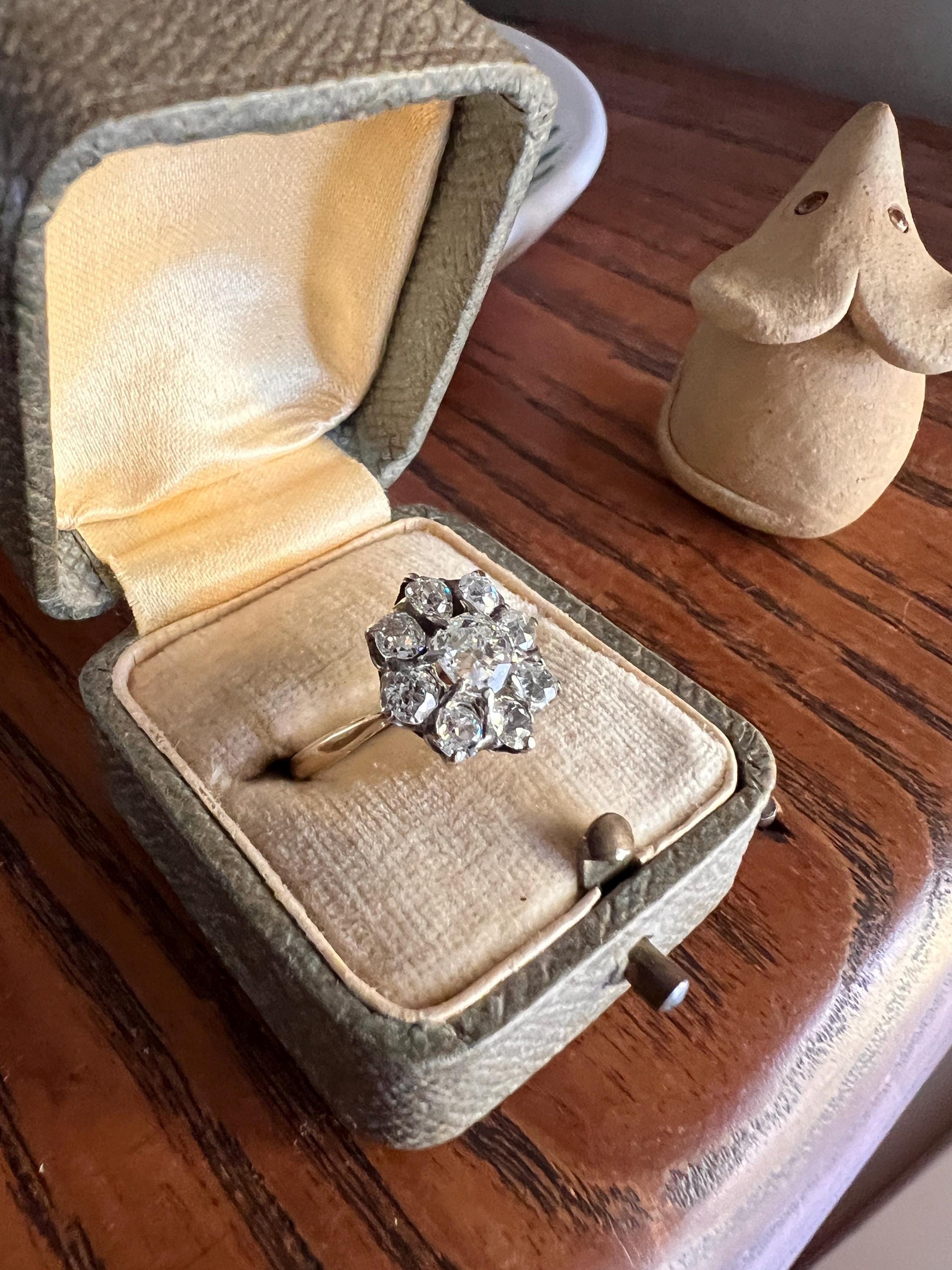 French Antique 2 Carat Old Mine Cut DIAMOND Ring 18k Gold 2Ctw Halo Cluster Stacker Romantic Gift Daisy Engagement OmC Belle Epoque Gift