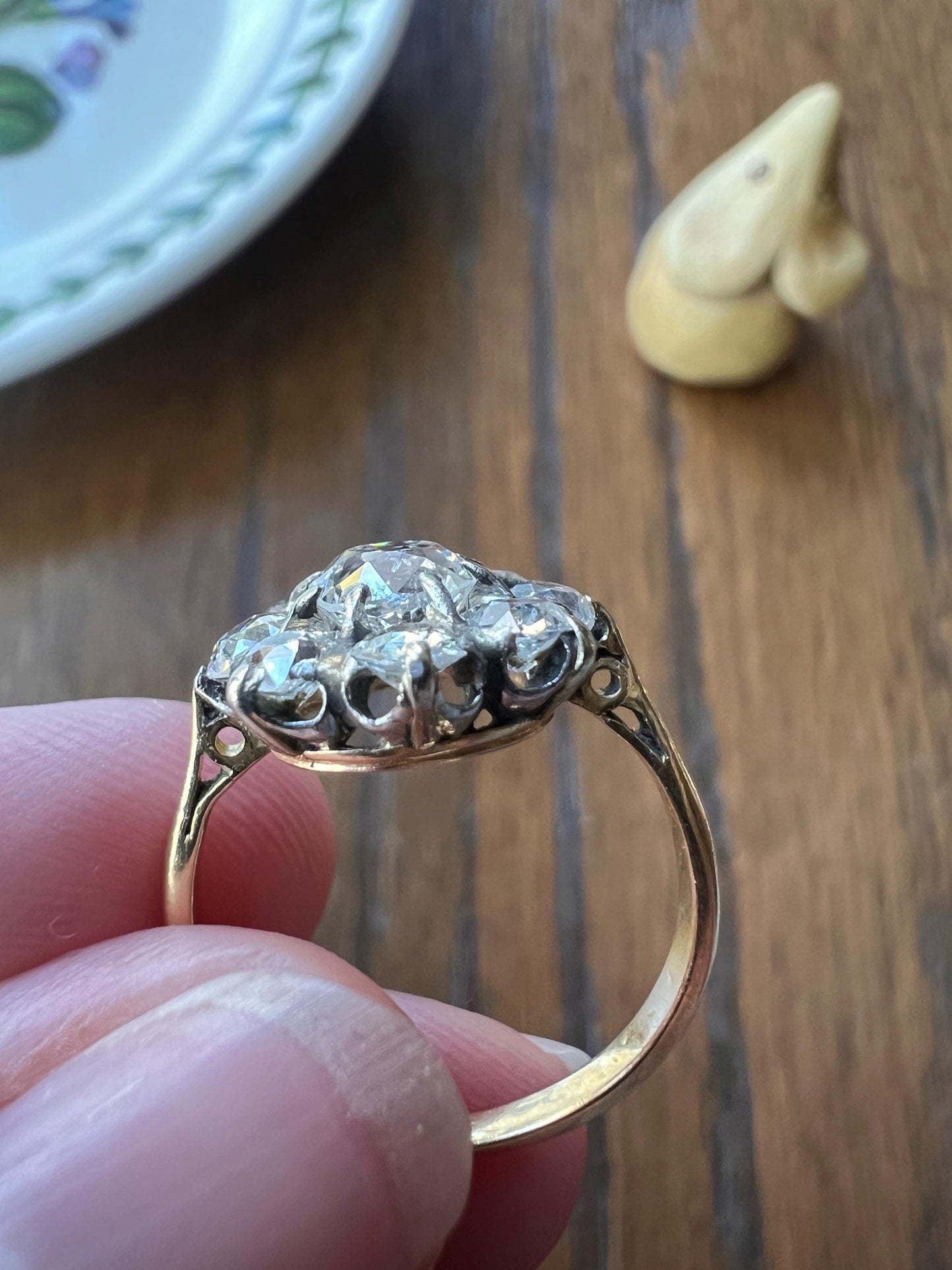 French Antique 2 Carat Old Mine Cut DIAMOND Ring 18k Gold 2Ctw Halo Cluster Stacker Romantic Gift Daisy Engagement OmC Belle Epoque Gift