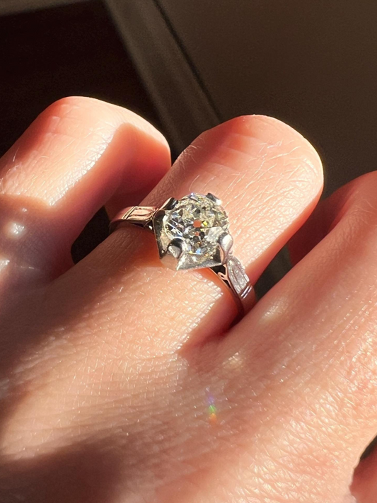 Antique 1 CARAT Old Mine Cut DIAMOND Solitaire Engagement Ring 18k White Gold PLATINUM French Art Deco