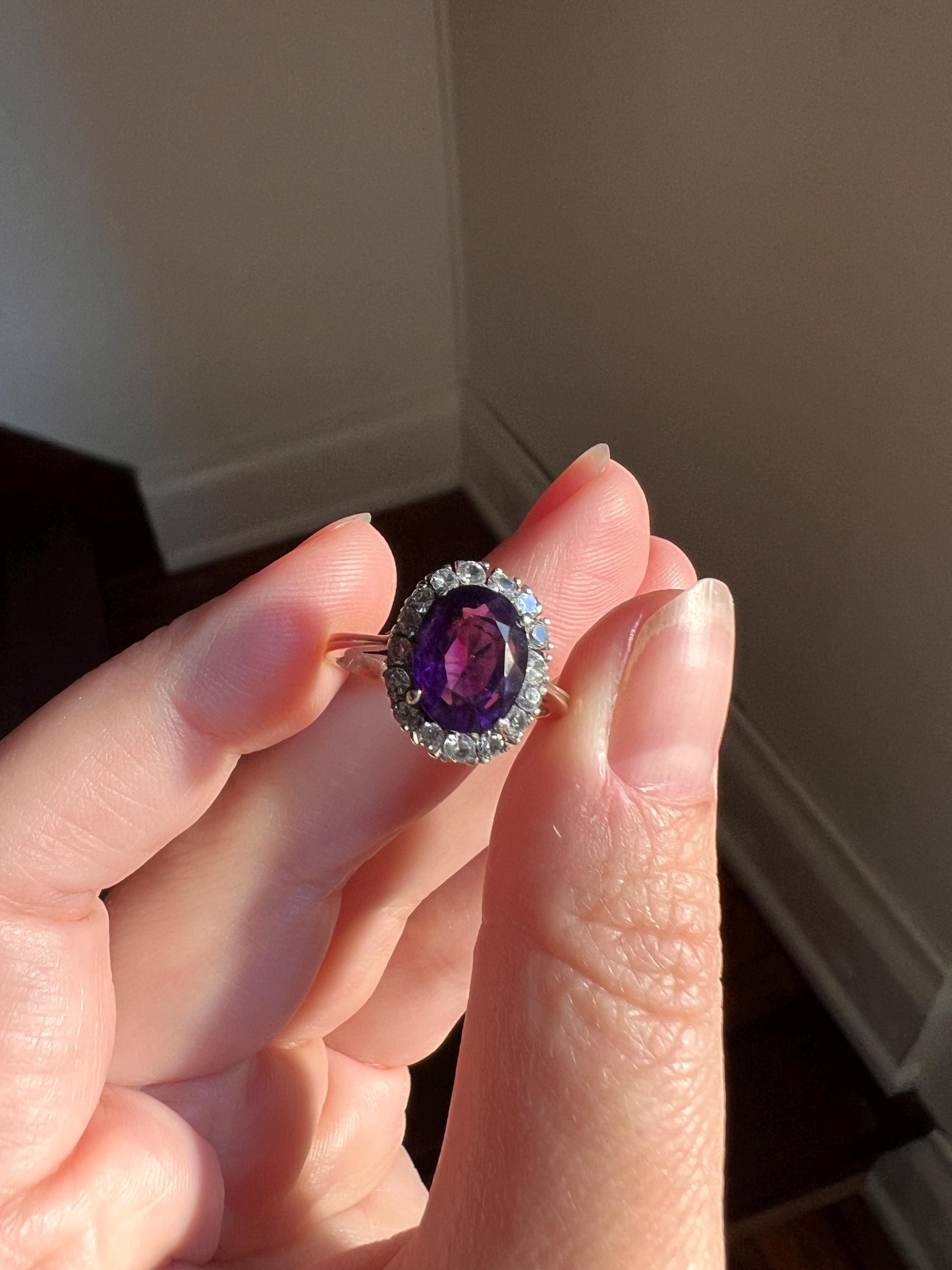 Antique Deep Purple AMETHYST White Topaz HALO Ring 9k Rose Gold Scalloped Ring Butt Victorian Antique Romantic Gift Colorful Stacker Not 10k