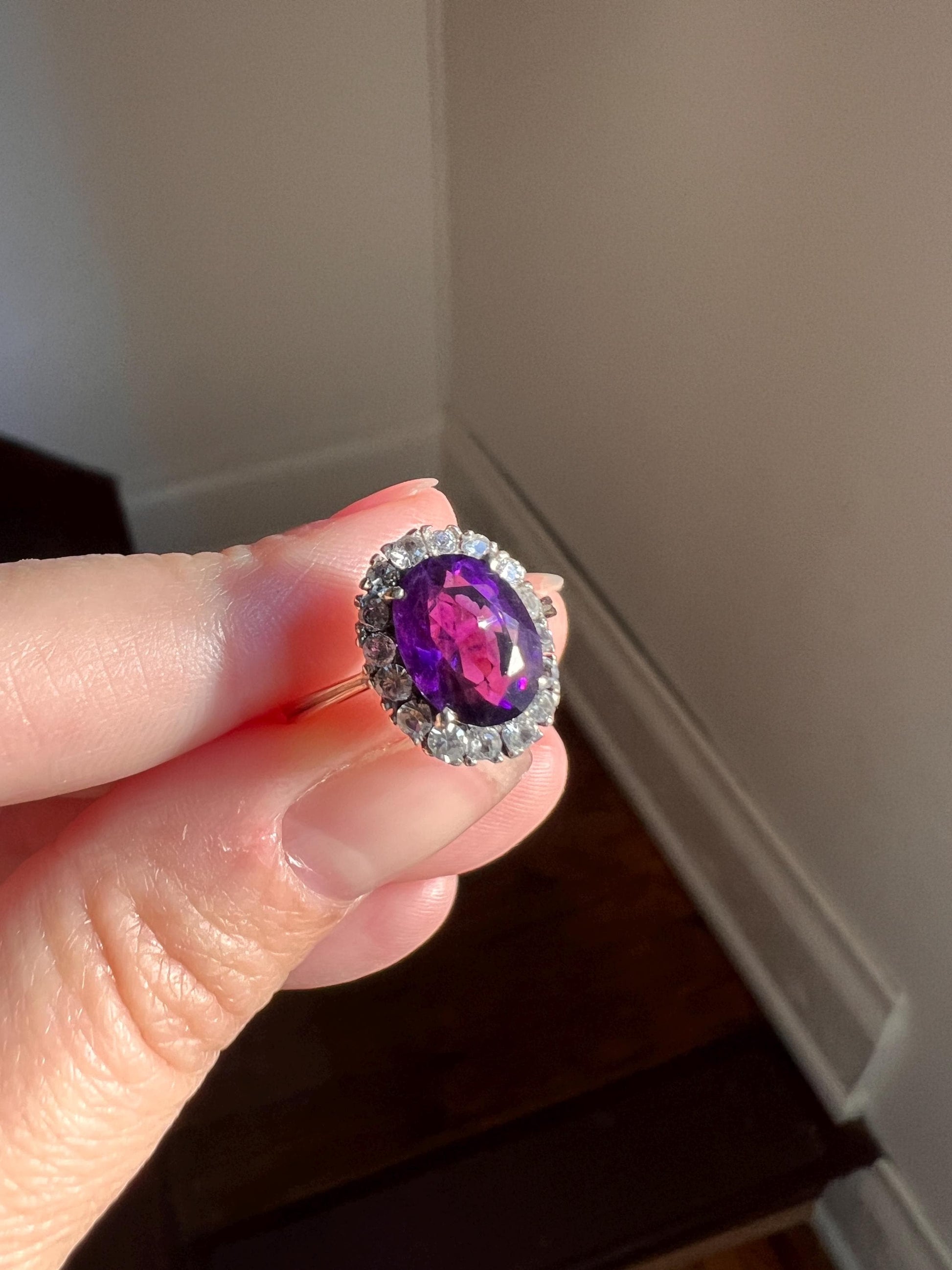 Antique Deep Purple AMETHYST White Topaz HALO Ring 9k Rose Gold Scalloped Ring Butt Victorian Antique Romantic Gift Colorful Stacker Not 10k