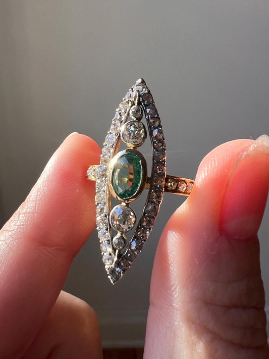 ANTIQUE Ornate Belle Epoque Natural EMERALD Light Green Rose Old Mine Cut DIAMOND Large 1.2 Inch Navette Ring Victorian Romantic Gift