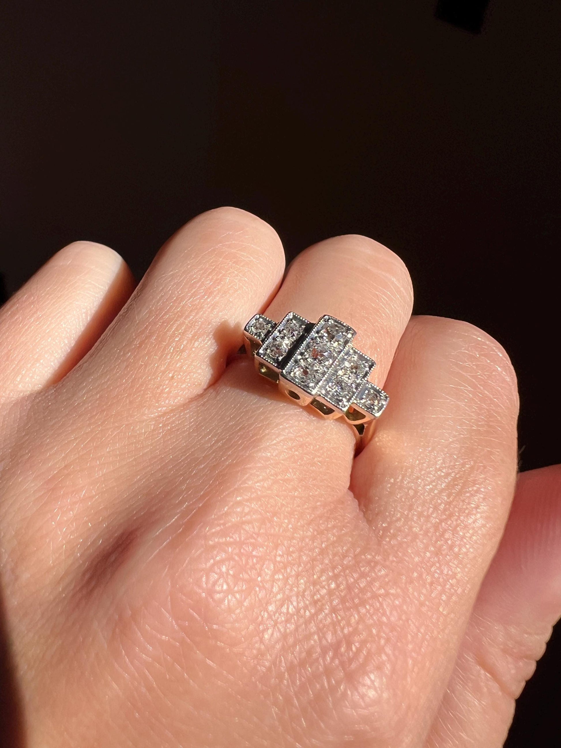 Antique Linear Stepped .45 Carat Old Mine Cut DIAMOND Nine Stone Ring Architectural Milgrain Geometric Unique Romantic Gift Rectangular OmC