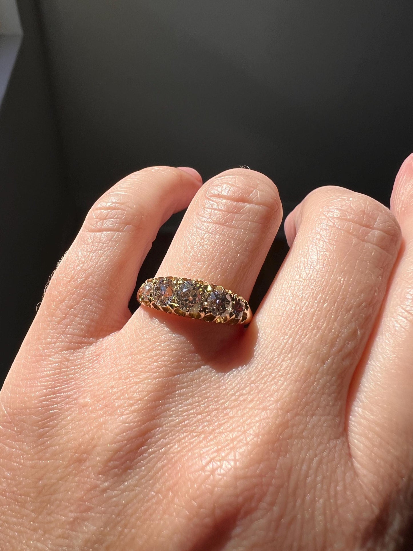 Antique 1.1 Carat Warm Blush Old Mine Cut DIAMOND 5 Five Stone Band Ring 18k Gold Linear c1897 Victorian Romantic Gift Row Stacker Wedding