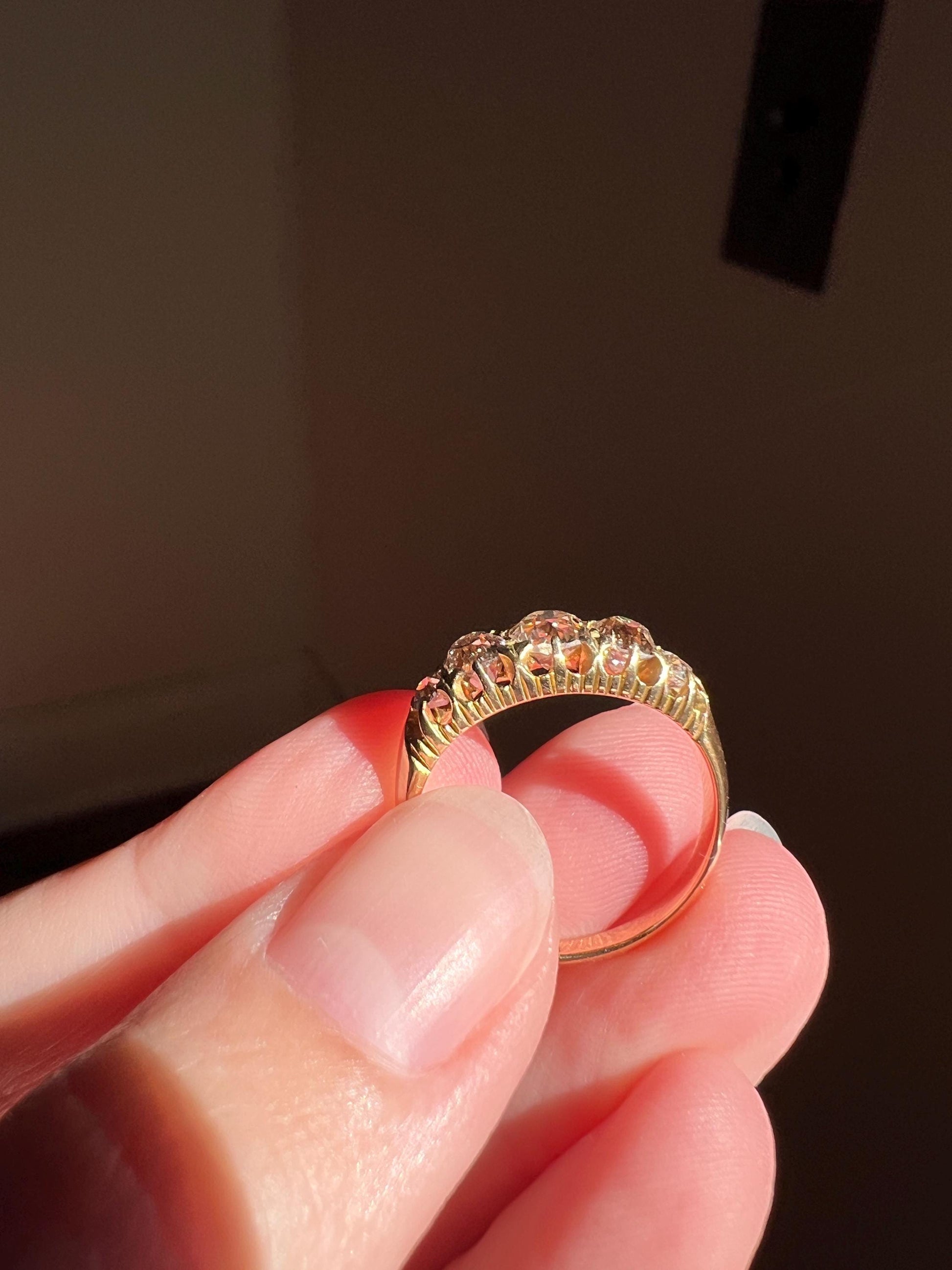 Antique 1.1 Carat Warm Blush Old Mine Cut DIAMOND 5 Five Stone Band Ring 18k Gold Linear c1897 Victorian Romantic Gift Row Stacker Wedding