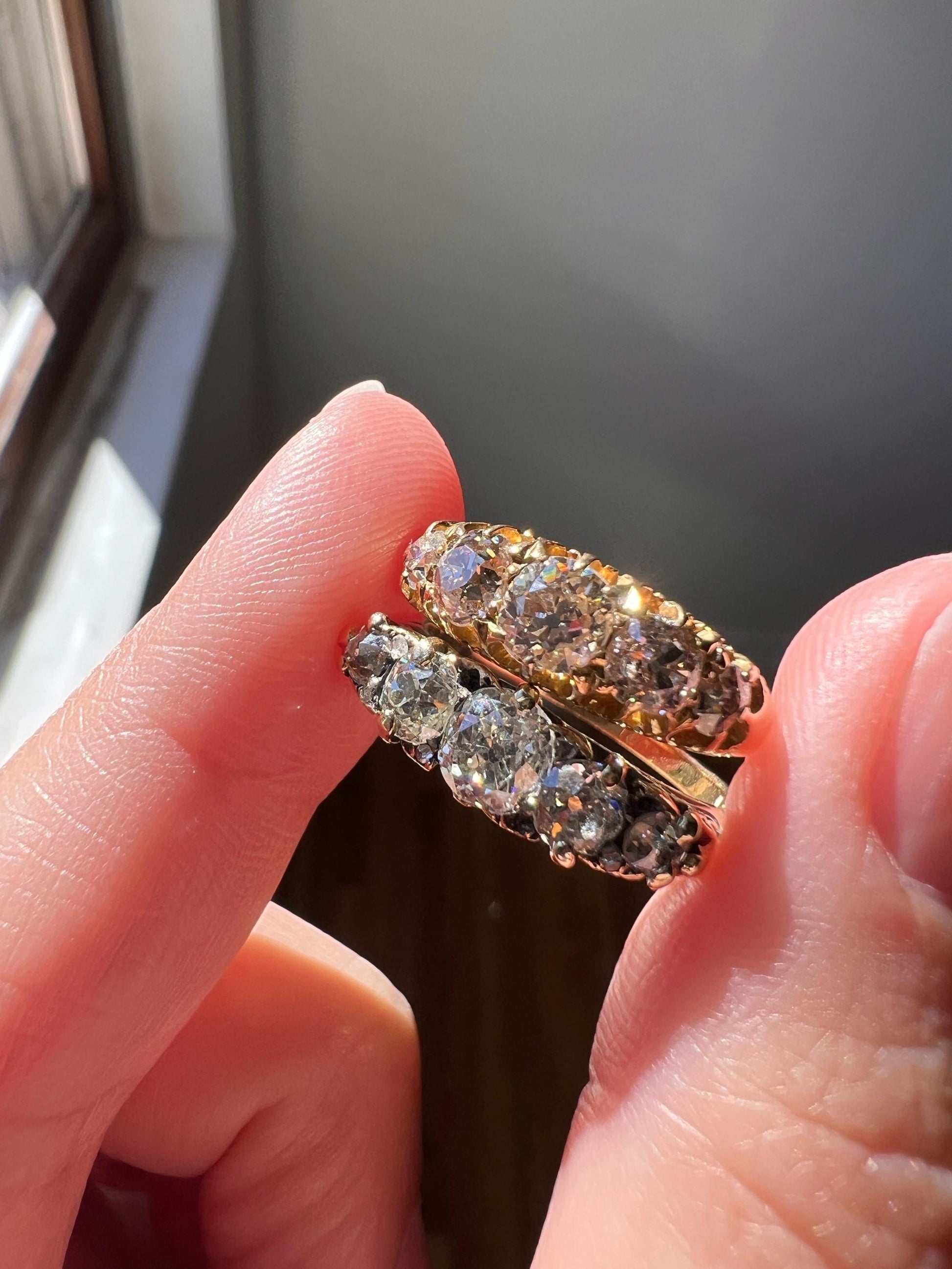 Antique 1.1 Carat Warm Blush Old Mine Cut DIAMOND 5 Five Stone Band Ring 18k Gold Linear c1897 Victorian Romantic Gift Row Stacker Wedding