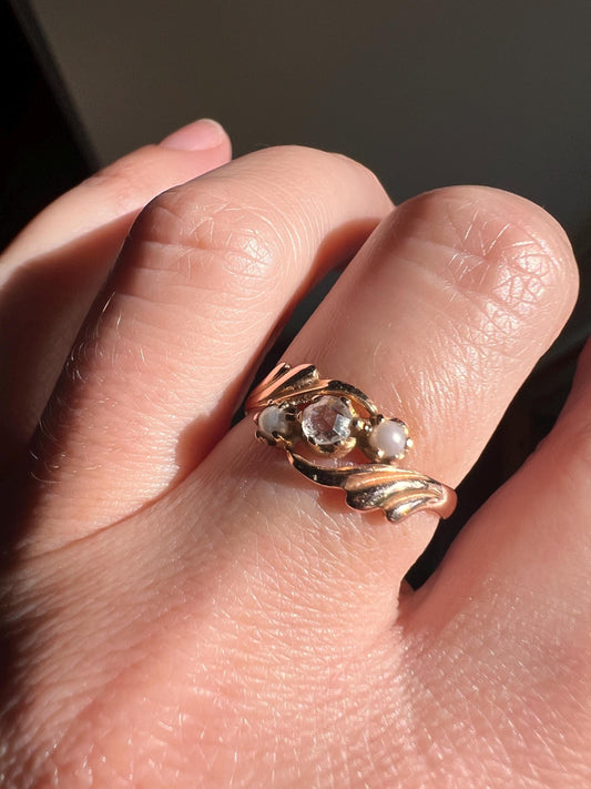 Ornate Winged PEARL Rose Cut Diamond Victorian Antique Ring French 18k Rose Gold Solid Swirled Dainty Stacker Romantic Gift Three Stone