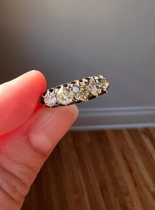 Antique 1.25 Carat Old Mine Cut DIAMOND 5 Five Stone Band Ring 18k Gold Linear Chunky Victorian Romantic Gift Stacker Wedding OmC Ringstack
