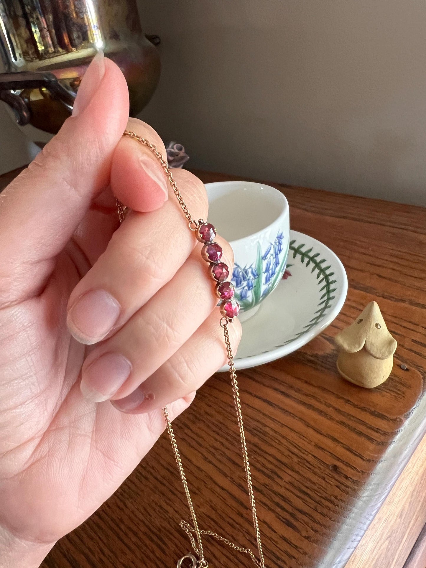 French VICTORIAN Perpignan GARNET Five Stone Bar Necklace 18k Gold Pendant on 10k Rose Chain Purple Pink Berry Geometric Neckmess Neckstack