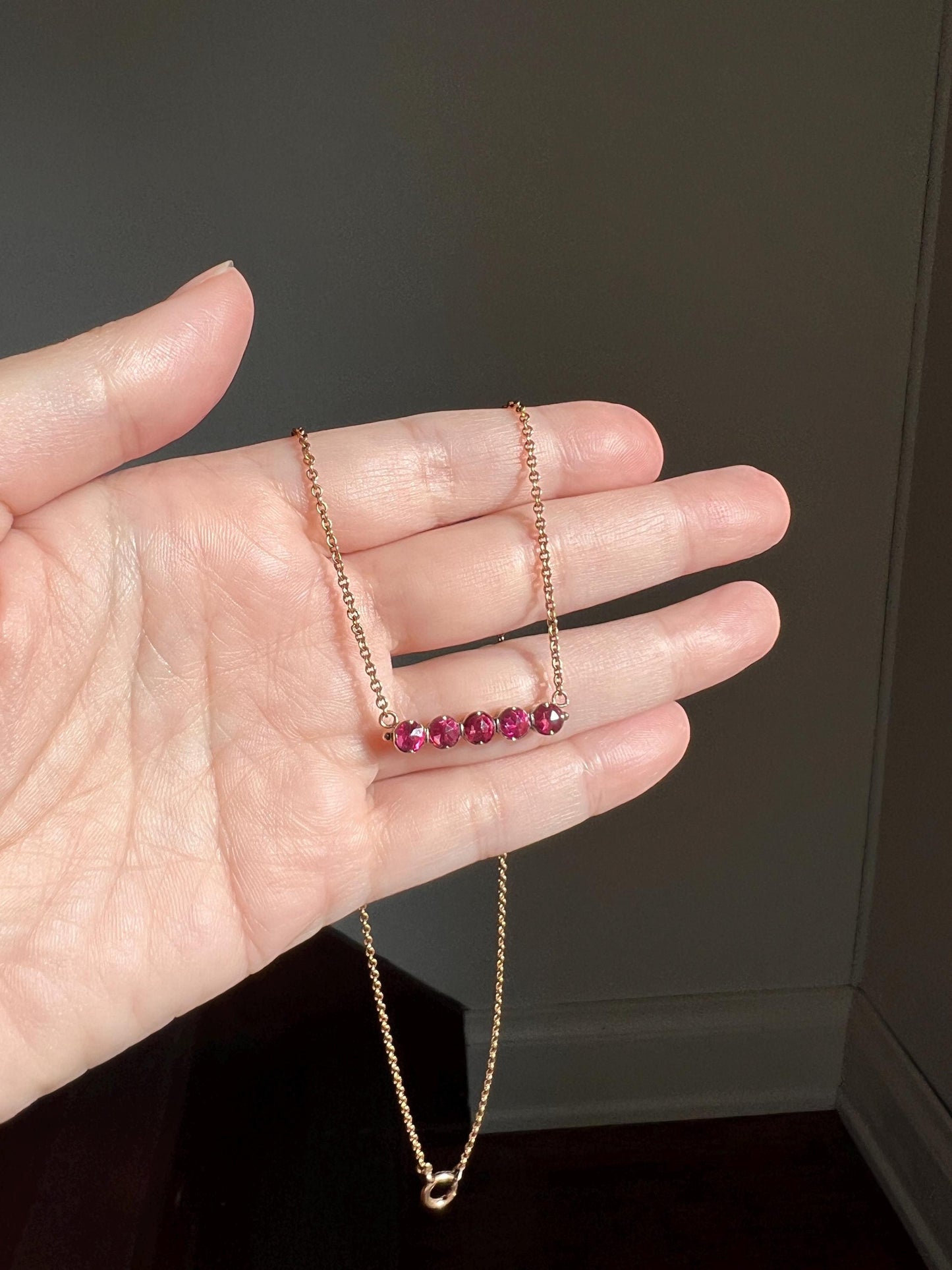 French VICTORIAN Perpignan GARNET Five Stone Bar Necklace 18k Gold Pendant on 10k Rose Chain Purple Pink Berry Geometric Neckmess Neckstack