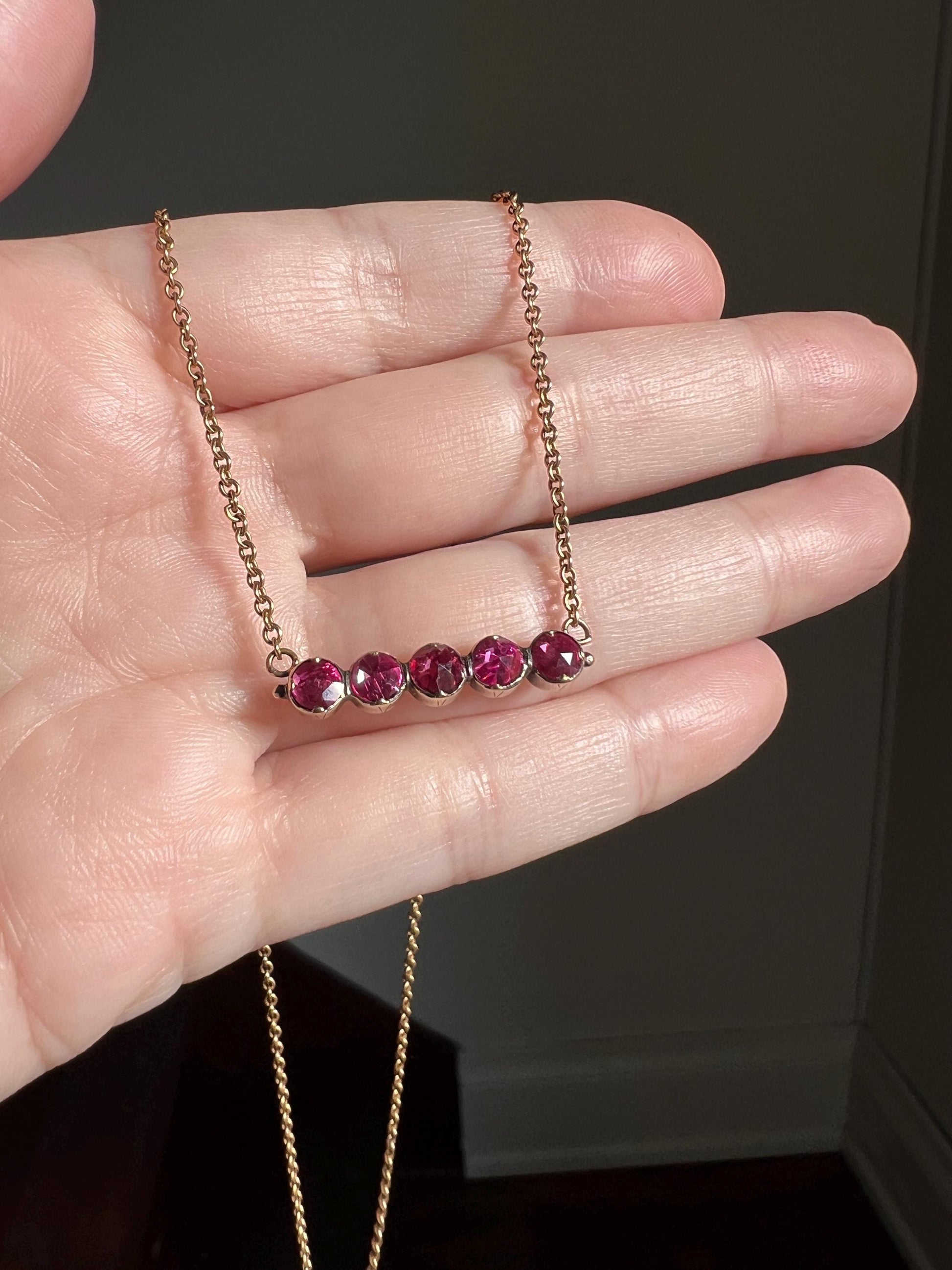 French VICTORIAN Perpignan GARNET Five Stone Bar Necklace 18k Gold Pendant on 10k Rose Chain Purple Pink Berry Geometric Neckmess Neckstack