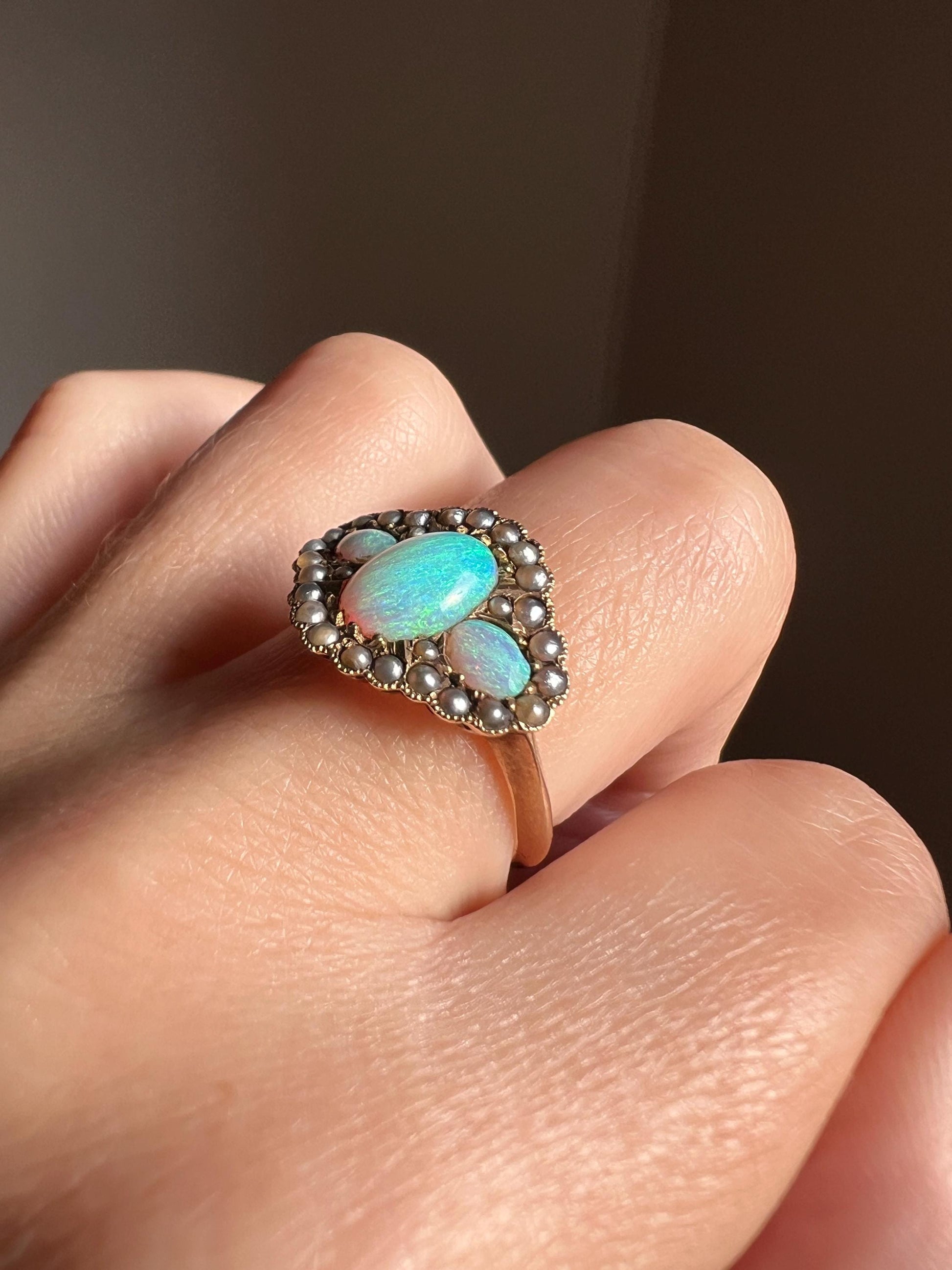 Very BLUE Three OPAL Pearl Halo Ring 14k Gold VICTORIAN Antique Ornate Stacker Warm Gray Purple Iridescent Glossy Blue Romantic Gift