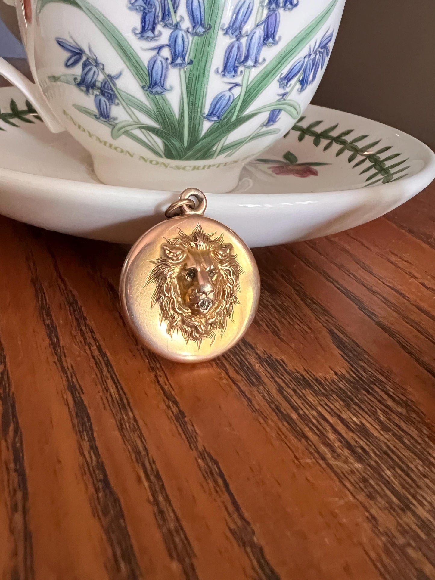 DATED 1904 LION Old Mine Cut Diamond Victorian ANTIQUE Locket "From Papa" Pendant 10k Gold Solid Figural Animal Green Eyes 3D Unisex Gift