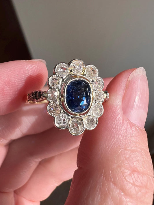 Natural SAPPHIRE French ANTIQUE 1 Carat Old Mine Cut DIAMOND Halo Ring 18k Gold Platinum Blue Green Round Victorian Belle Epoque Stacker OmC