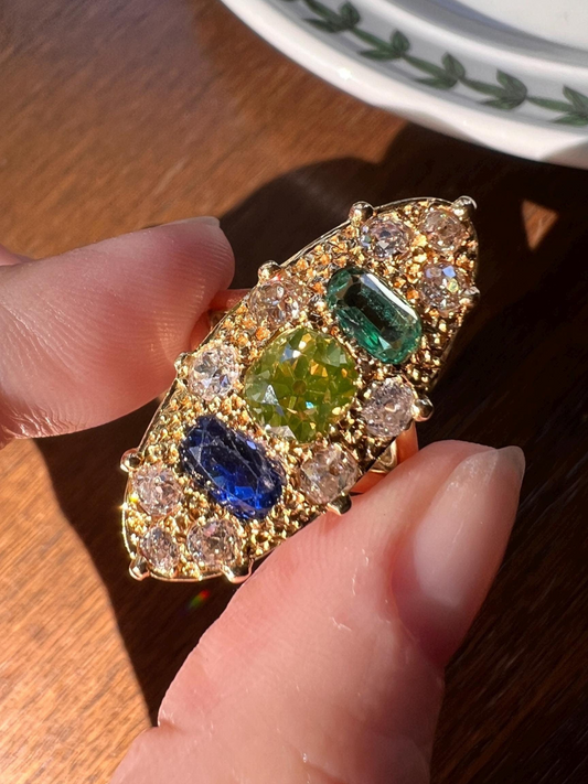 Unique French Vintage Navette Ring 1.25 Carat Antique Eye Clean Fancy Intense Greenish YELLOW Old Mine Cut DIAMOND 2.35 Tdw Emerald Sapphire