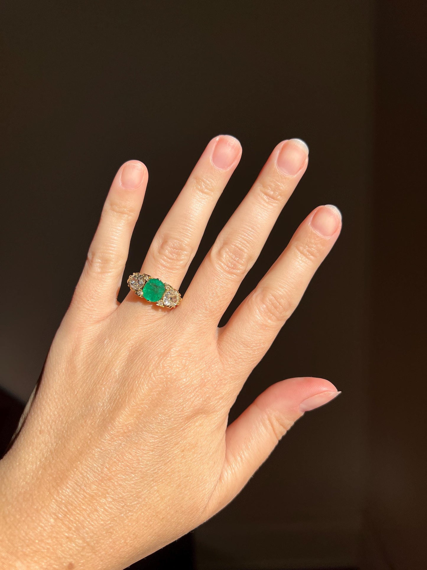 Antique 1.5 Carat Natural EMERALD & 1.9 Carat Tdw Eye Clean Old Mine Cut DIAMOND Three Stone Ring 18k Gold Big Chunky Stacker Art Deco OMC