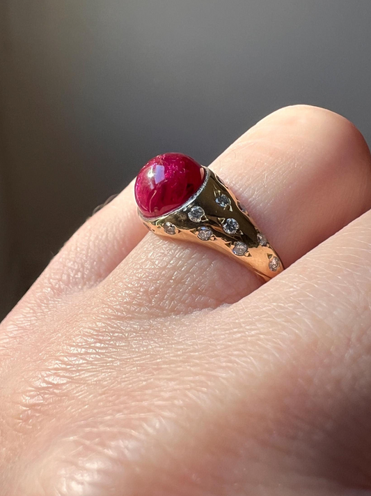 Tall Vintage Pink Ruby Diamond Encrusted Domed Gypsy Ring 18k Gold French Glowing Cabochon