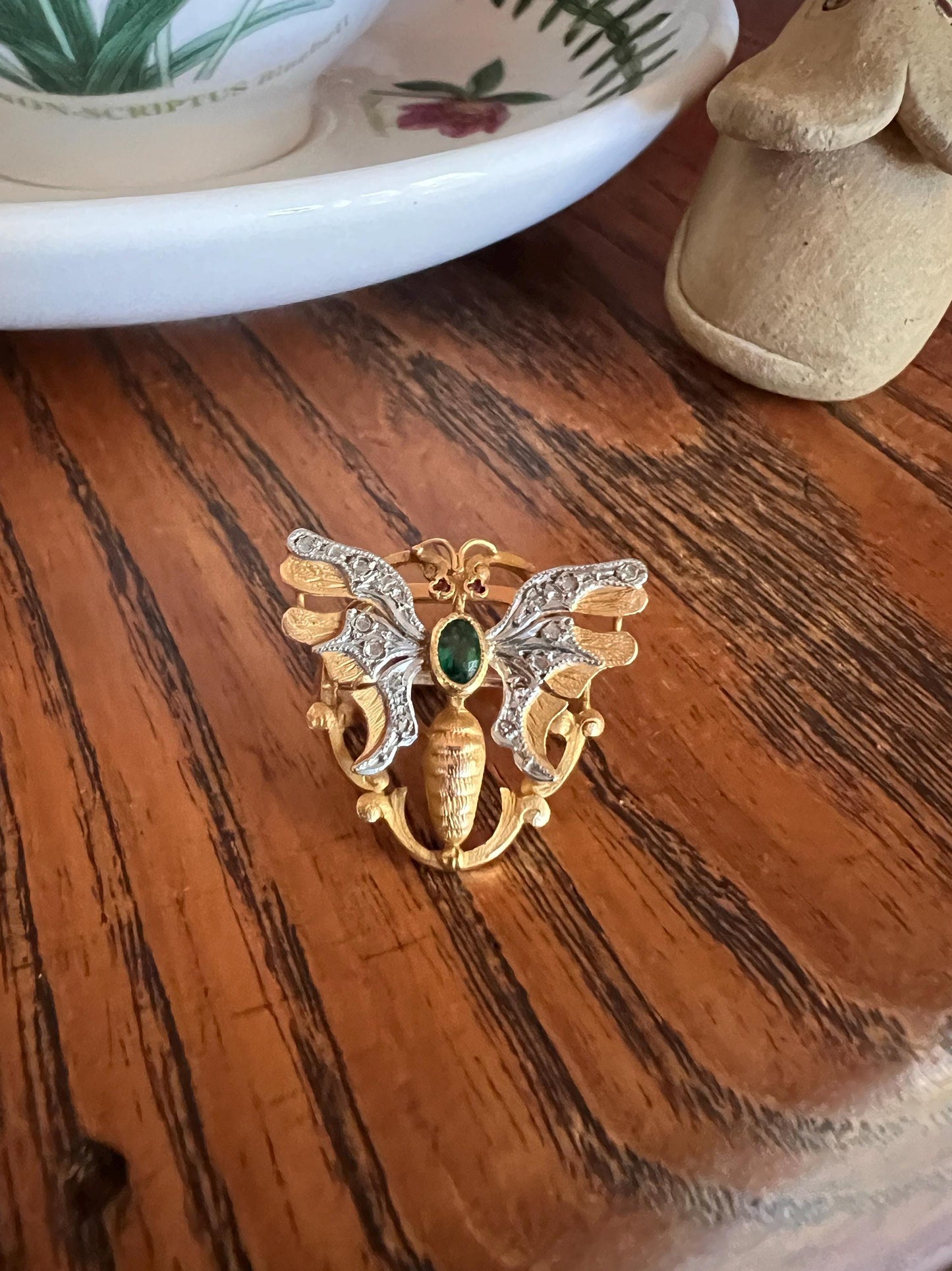 BUTTERFLY FRENCH Antique 18k Gold FIGURAL Slide Pendant Bracelet Charm Clip Victorian Belle Epoque Green Paste Emerald Pink Ruby Eyes