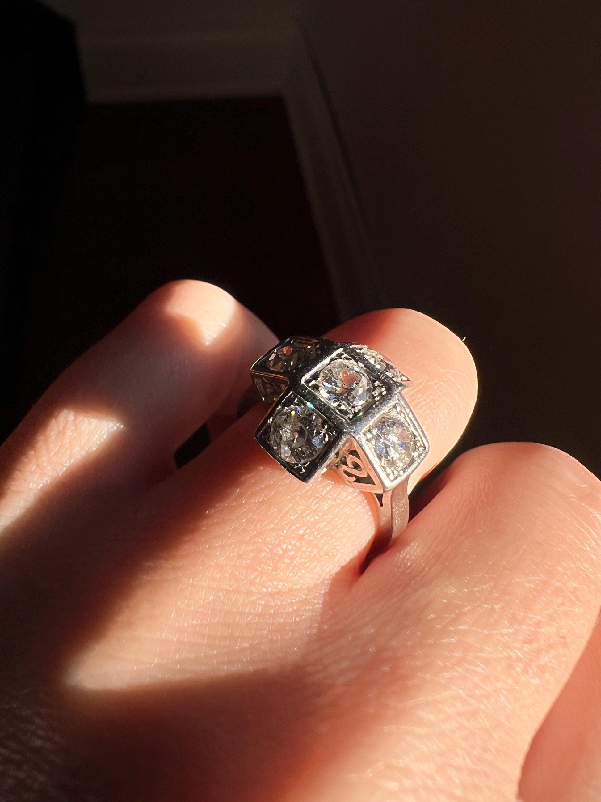 CRUCIFORM 1.6 Carat Old Mine Cut DIAMOND Ring French Antique EDWARDIAN Era Platinum Five Stone Geometric Romantic Gift Tall Stacker OmC