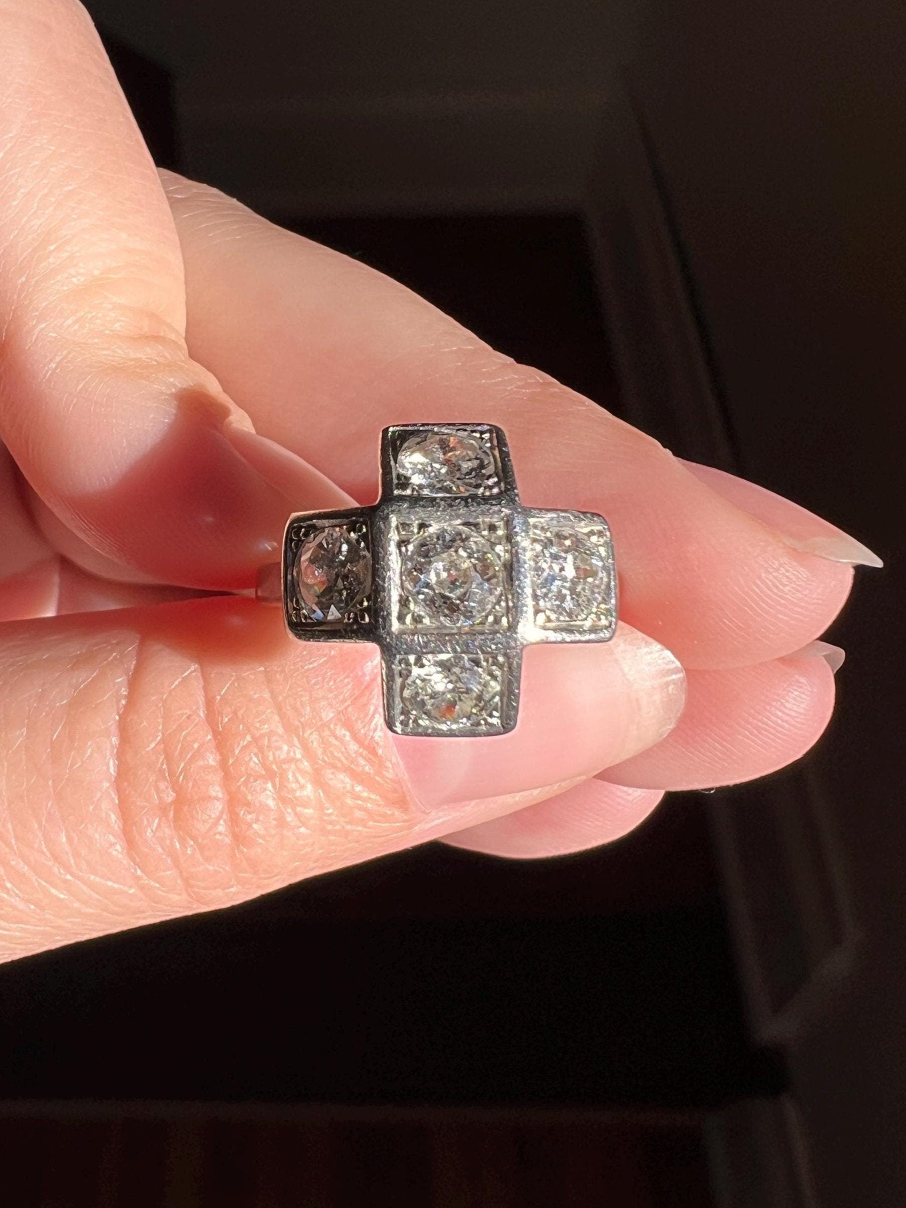 CRUCIFORM 1.6 Carat Old Mine Cut DIAMOND Ring French Antique EDWARDIAN Era Platinum Five Stone Geometric Romantic Gift Tall Stacker OmC