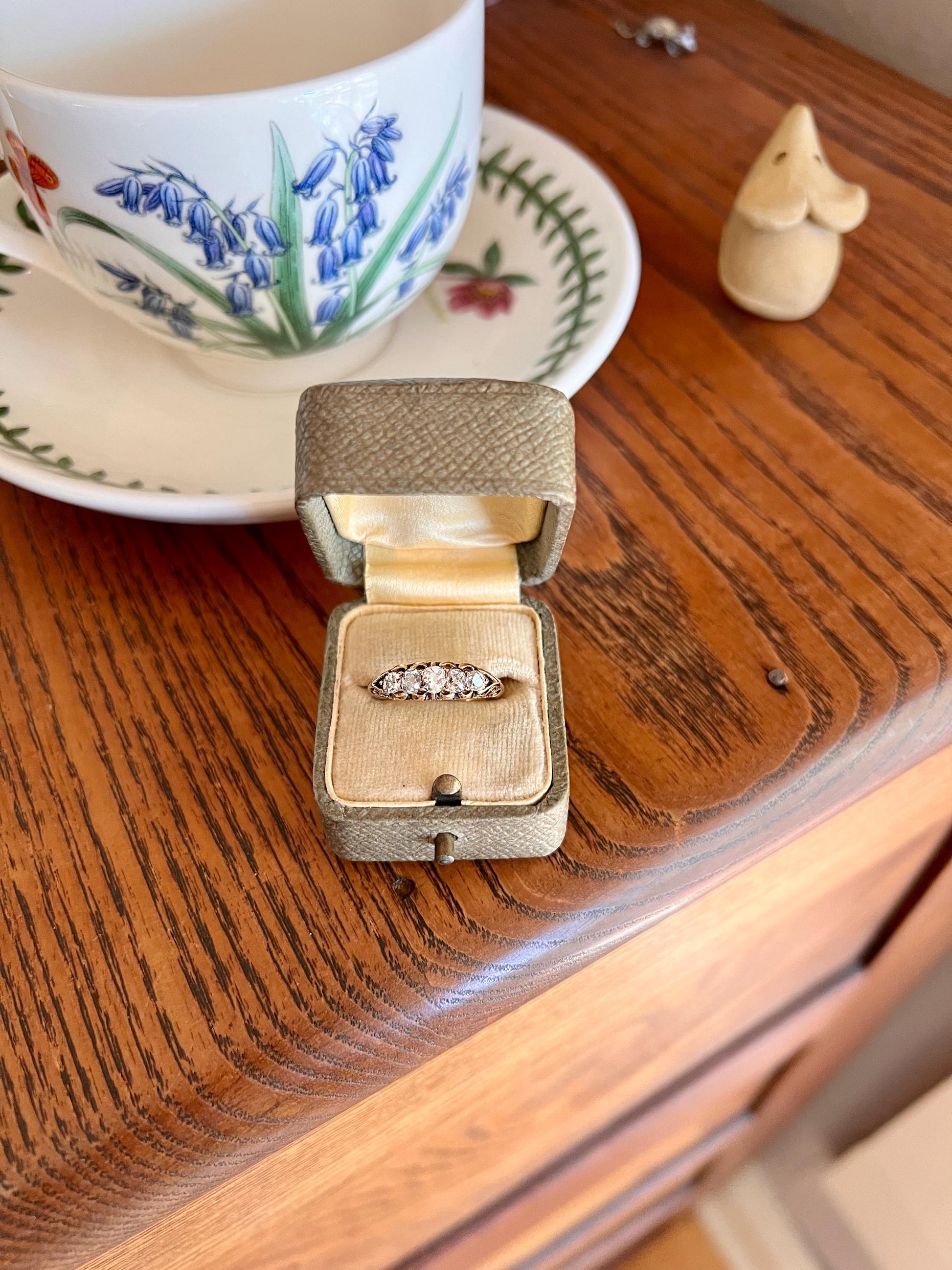 Antique 0.6 Carat Old Mine Cut DIAMOND 5 Five Stone Band Ring 15k Gold Scrolled Victorian Romantic Gift Row Stacker Wedding OMC .6Ctw Love