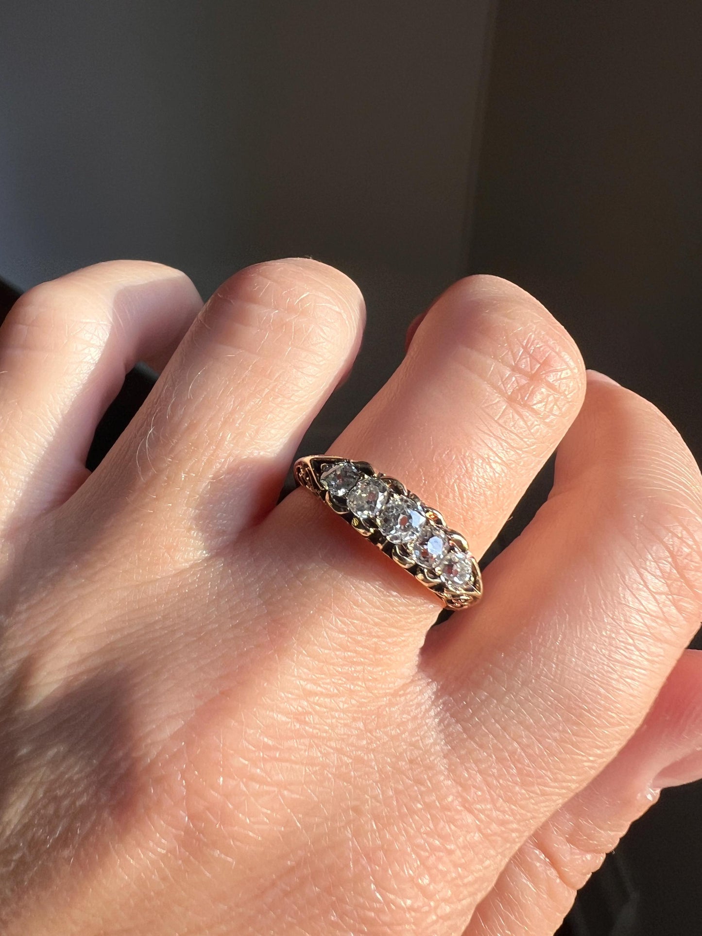 Antique 0.6 Carat Old Mine Cut DIAMOND 5 Five Stone Band Ring 15k Gold Scrolled Victorian Romantic Gift Row Stacker Wedding OMC .6Ctw Love