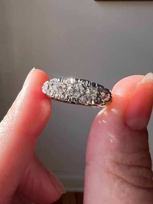 Antique .85 Carat Old Mine Cut DIAMOND 5 Five Stone Band Ring 18k White Gold Scrolled Victorian Romantic Gift Row Stacker Wedding OMC .85Ctw