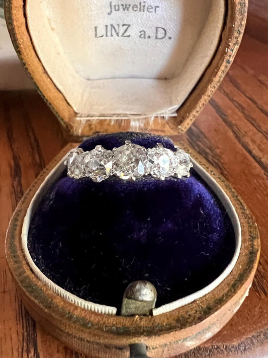 Chunky Antique 1.6 Carat Old Mine Cut DIAMOND 5 Five Stone Band Ring 14k White Gold Linear Art Deco Romantic Gift Stacker Wedding