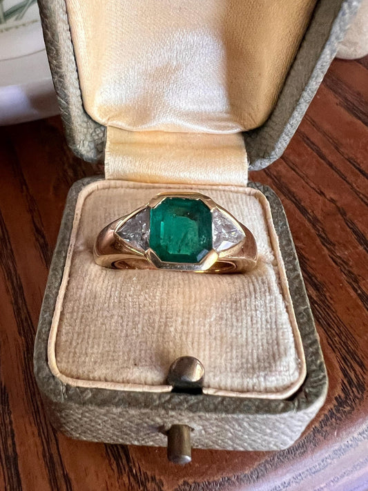 Vintage .85 Ct Trillion Cut Diamond Green Octagonal EMERALD Art Deco Three Stone Gypsy Ring HEAVY French 18k Gold Wide Band Natural Triangle
