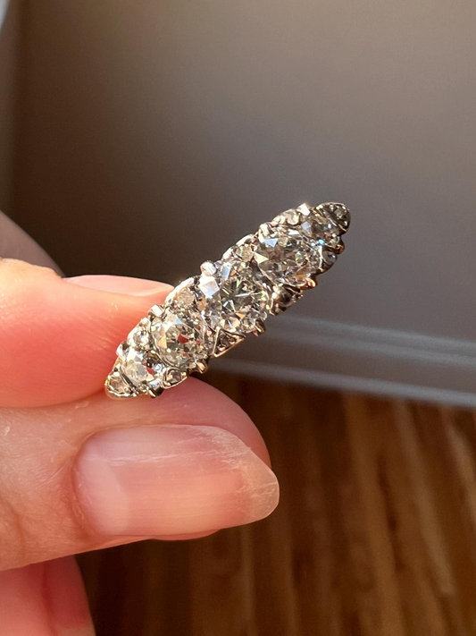 Antique 1.1 Carat Old Mine Cut DIAMOND 5 Five Stone Band Ring 18k Gold Platinum Scrolled Victorian