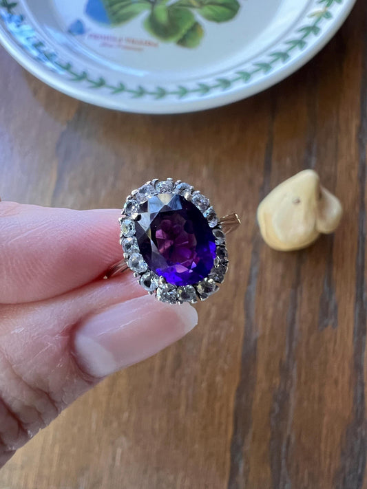 Antique Deep Purple AMETHYST White Topaz HALO Ring 9k Rose Gold Scalloped Ring Butt Victorian Antique Romantic Gift Colorful Stacker Not 10k