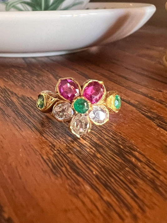 PANSY .85 Carat Eye Clean Oval Old Mine Cut DIAMOND Green EMERALD Pink Ruby Victorian Antique Figural Floral Ring 18k Gold