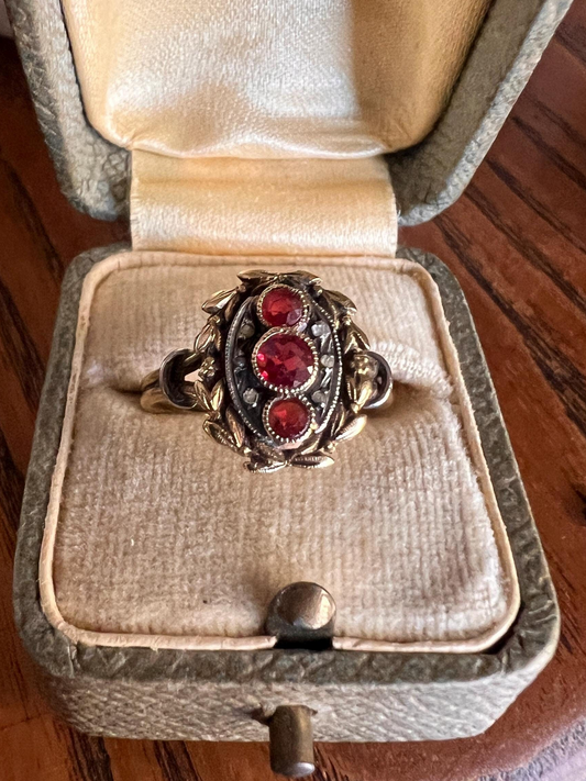 Belle Epoque GARLAND Floral HALO Ring French Art Nouveau 18k Gold Red Paste Ruby Rose Cut DIAMOND Figural Forget Me Not