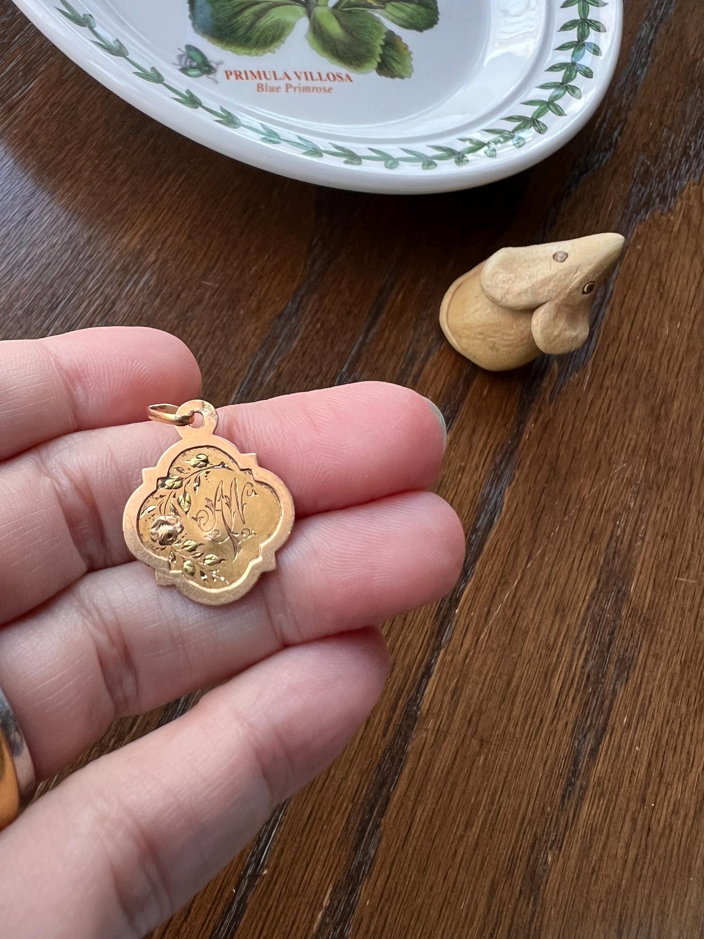 DATED March 20 1916 ROSE Green Leaf French Engraved Love Medal Art Nouveau Antique Tricolor 18k Gold PENDANT Belle Epoque Charm Floral Gift