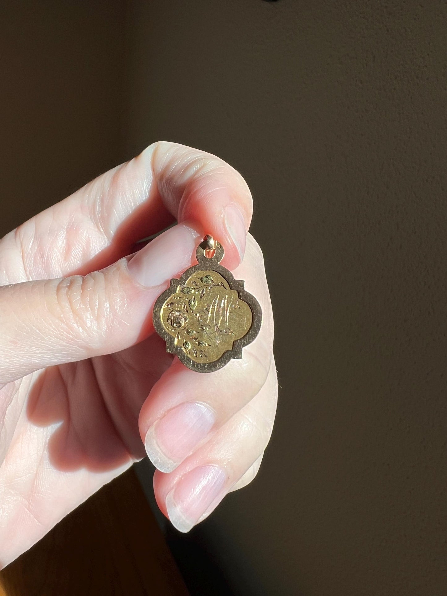 DATED March 20 1916 ROSE Green Leaf French Engraved Love Medal Art Nouveau Antique Tricolor 18k Gold PENDANT Belle Epoque Charm Floral Gift