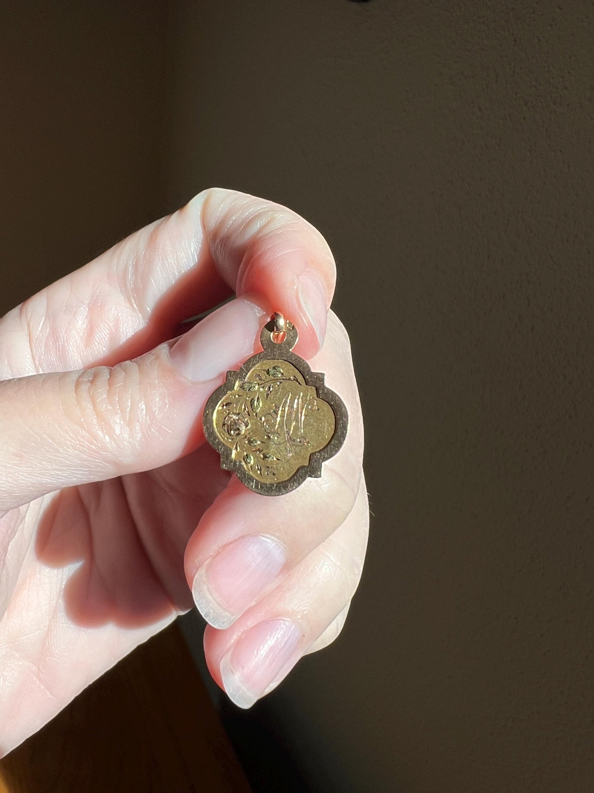 DATED March 20 1916 ROSE Green Leaf French Engraved Love Medal Art Nouveau Antique Tricolor 18k Gold PENDANT Belle Epoque Charm Floral Gift