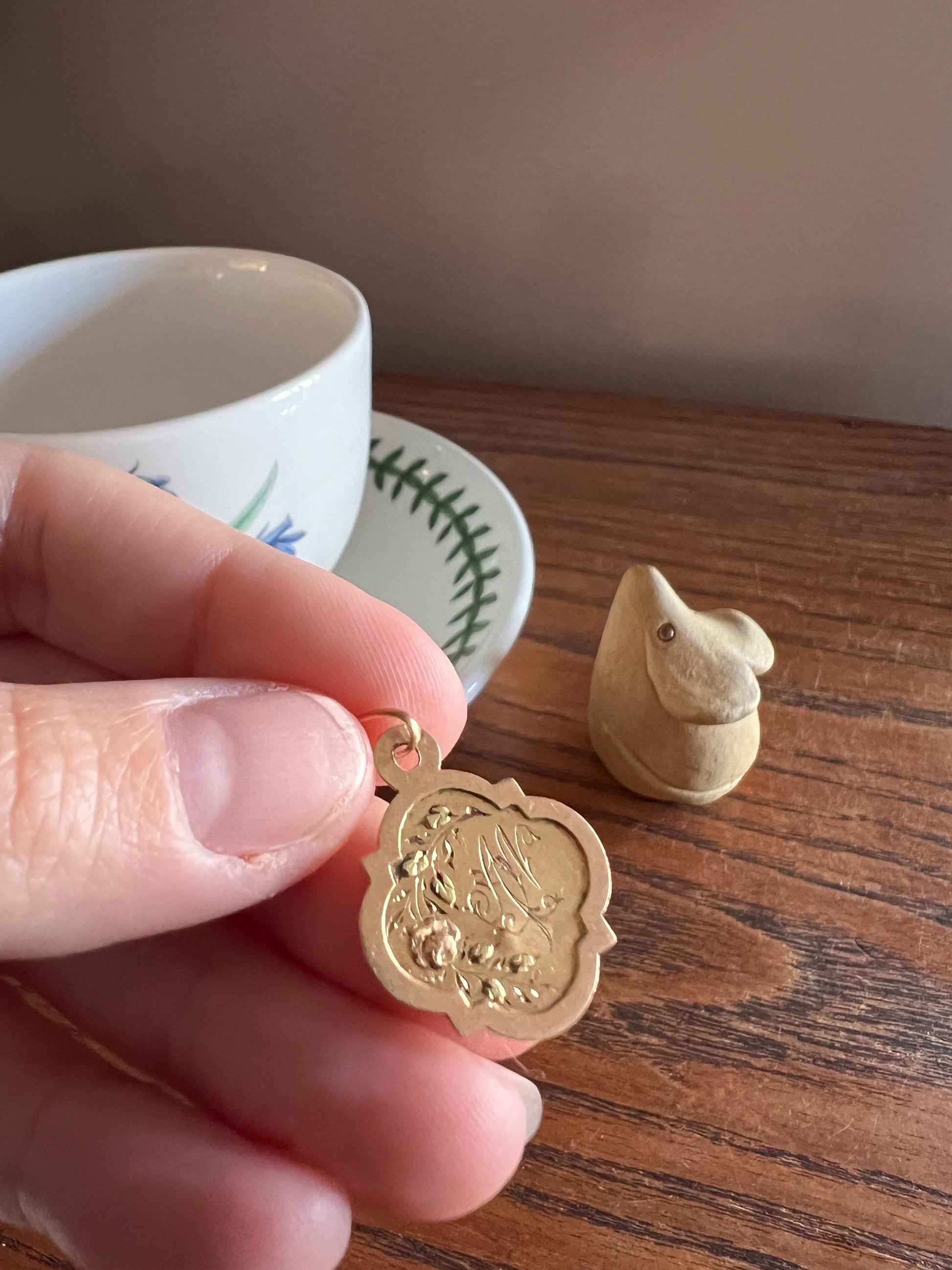 DATED March 20 1916 ROSE Green Leaf French Engraved Love Medal Art Nouveau Antique Tricolor 18k Gold PENDANT Belle Epoque Charm Floral Gift