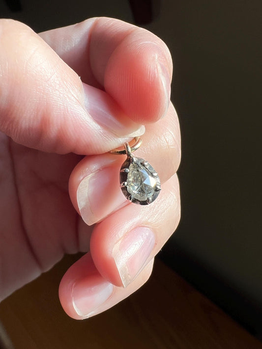FRENCH Antique Rose Cut DIAMOND Teardrop Pendant 18k Gold Pear Dangle Silver Collet Romantic Gift Victorian Georgian Dainty Minimalist