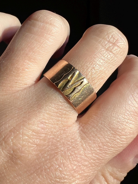 Victorian Antique M W INITIAL 8.6mm Wide Cigar Band Ring 18k Gold French 1800s Hallmark Stacker Unisex