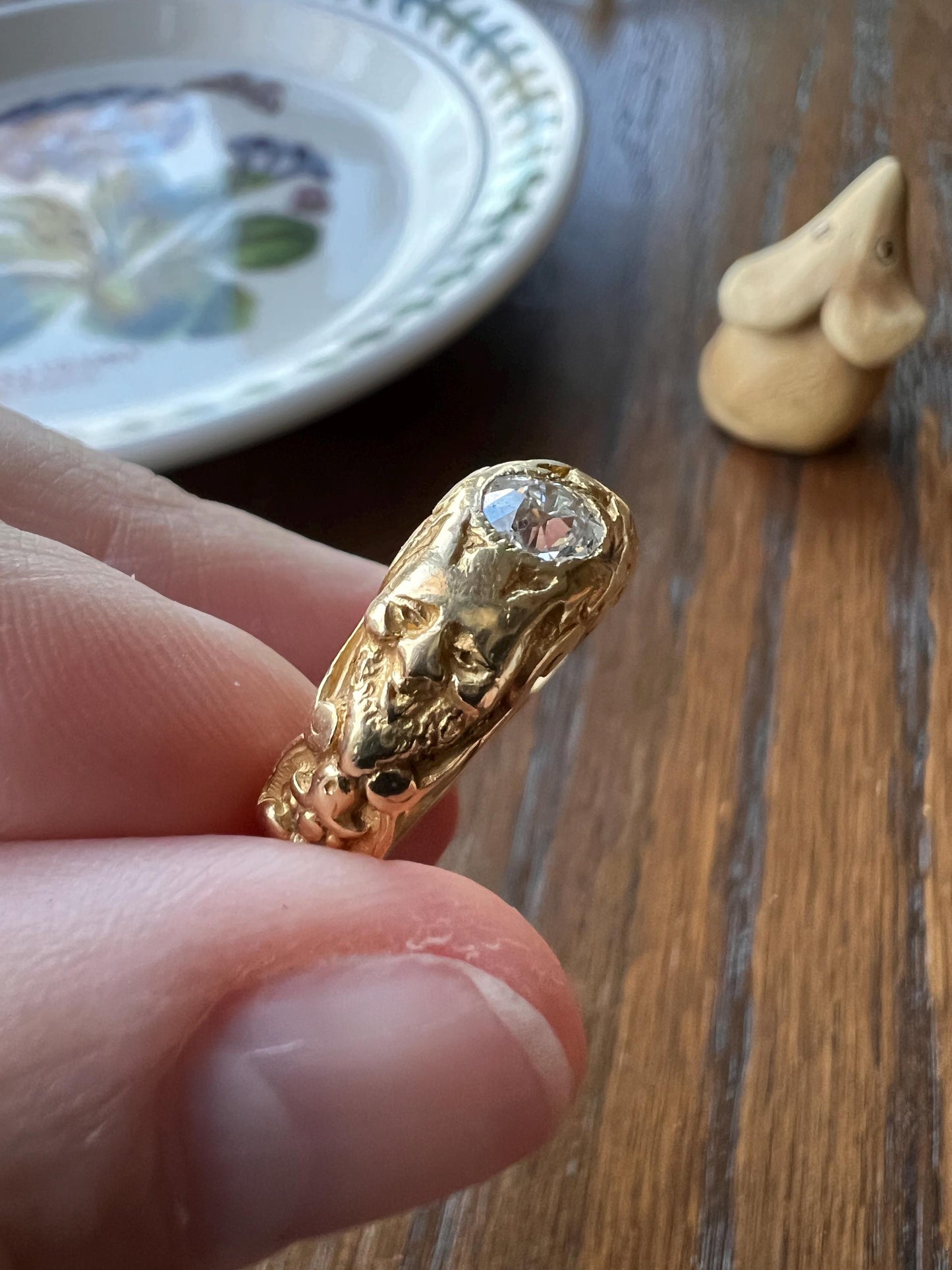 Handsome DEVIL Antique Old Mine Cut DIAMOND Ring 8g 18k Gold FACES Chunky Ring French Art Nouveau Figural 3D GreenMan Pan Gargoyle Mythical