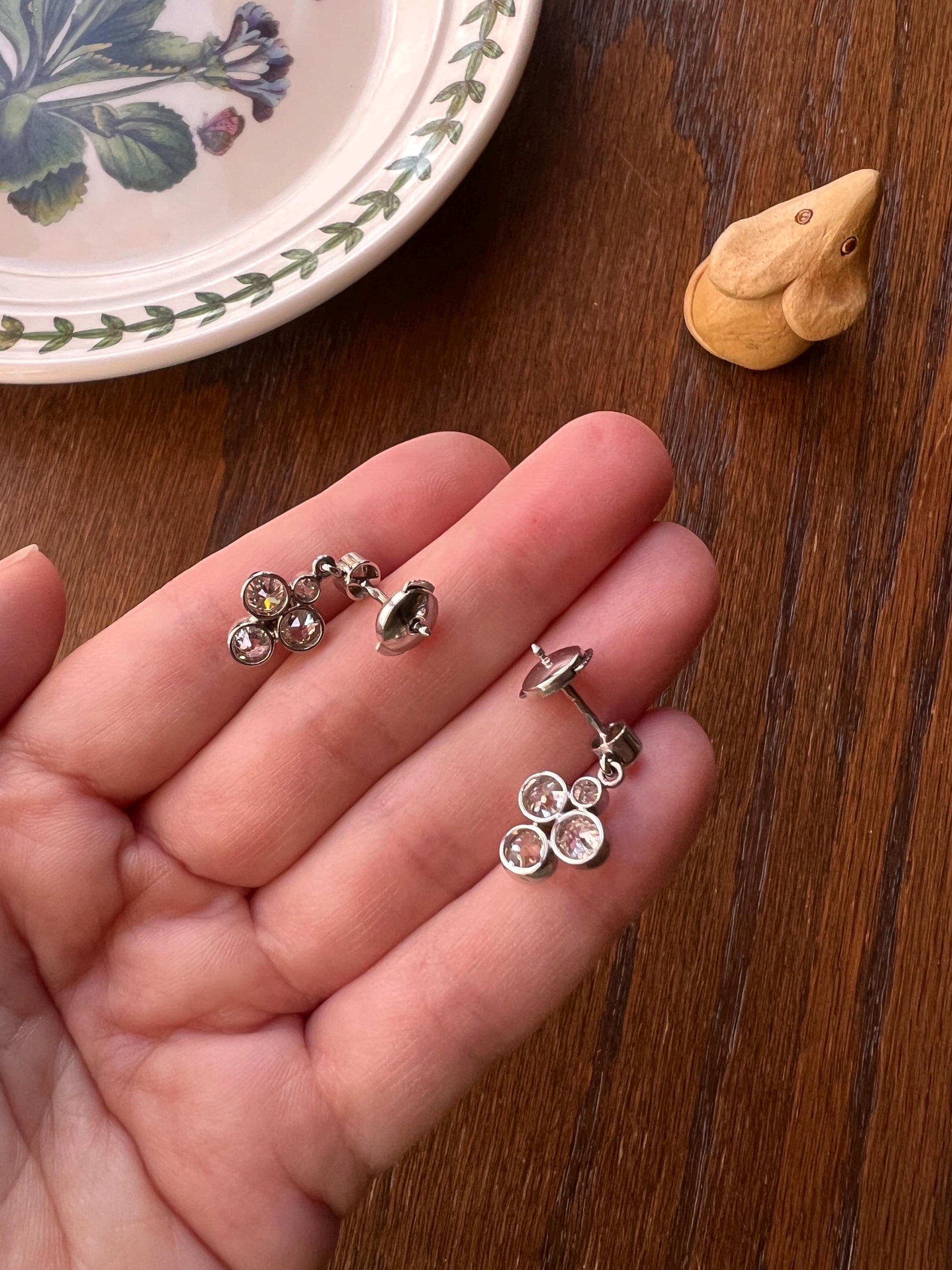 French Antique 3.5 Carats Old Mine Cut DIAMOND Cluster Dangle Earrings 18k White Gold Bright Art Deco Quatrefoil Milgrain Bridal 3.5Ctw OMC