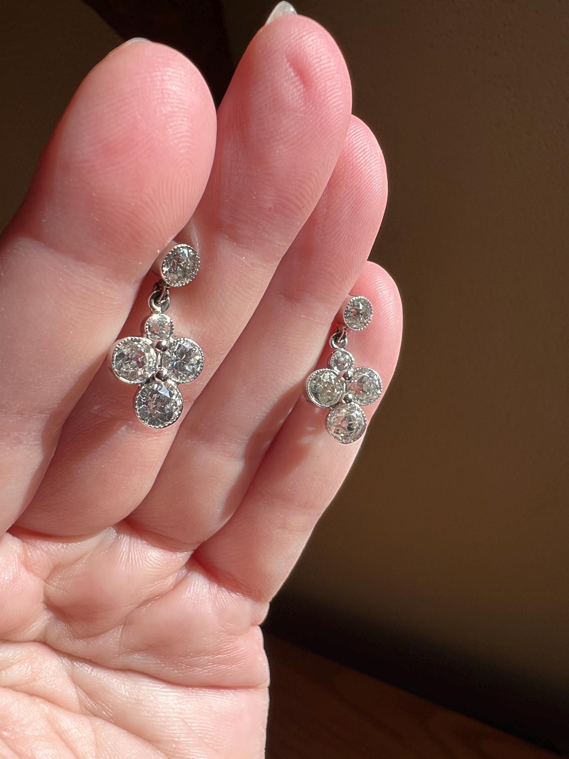 French Antique 3.5 Carats Old Mine Cut DIAMOND Cluster Dangle Earrings 18k White Gold Bright Art Deco Quatrefoil Milgrain Bridal 3.5Ctw OMC